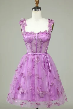 Bonito A Line Sweetheart Purple Corset Homecoming Dress com Appliques