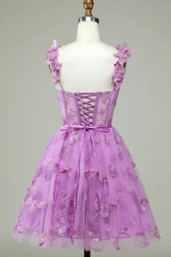 Bonito A Line Sweetheart Purple Corset Homecoming Dress com Appliques
