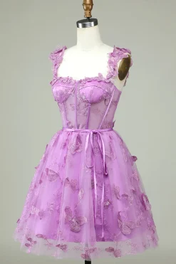 Bonito A Line Sweetheart Purple Corset Homecoming Dress com Appliques