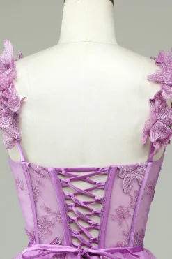 Bonito A Line Sweetheart Purple Corset Homecoming Dress com Appliques