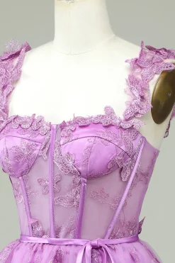 Bonito A Line Sweetheart Purple Corset Homecoming Dress com Appliques