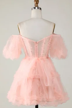 Bonito A linha Blush Tulle Off The Shoulder Short Homecoming Dress