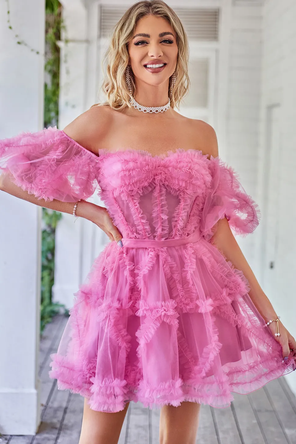 Bonito A linha Blush Tulle Off The Shoulder Short Homecoming Dress