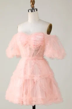 Bonito A linha Blush Tulle Off The Shoulder Short Homecoming Dress