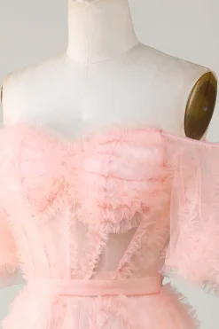 Bonito A linha Blush Tulle Off The Shoulder Short Homecoming Dress