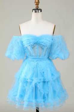 Bonito A linha Blush Tulle Off The Shoulder Short Homecoming Dress
