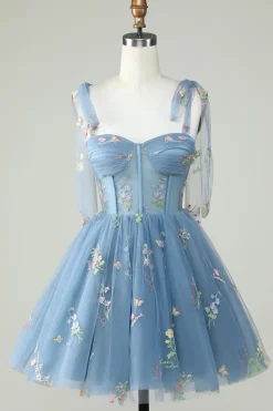 Bonito A Linha Esparguete Correias Cinzento Azul Vestido Curto Homecoming com Apliques