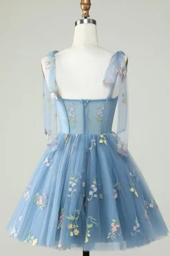 Bonito A Linha Esparguete Correias Cinzento Azul Vestido Curto Homecoming com Apliques