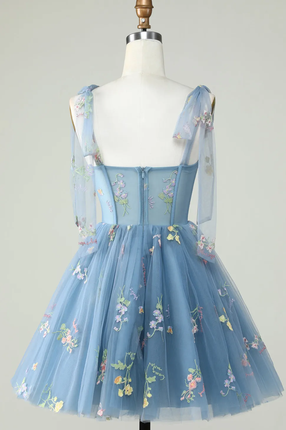 Bonito A Linha Esparguete Correias Cinzento Azul Vestido Curto Homecoming com Apliques