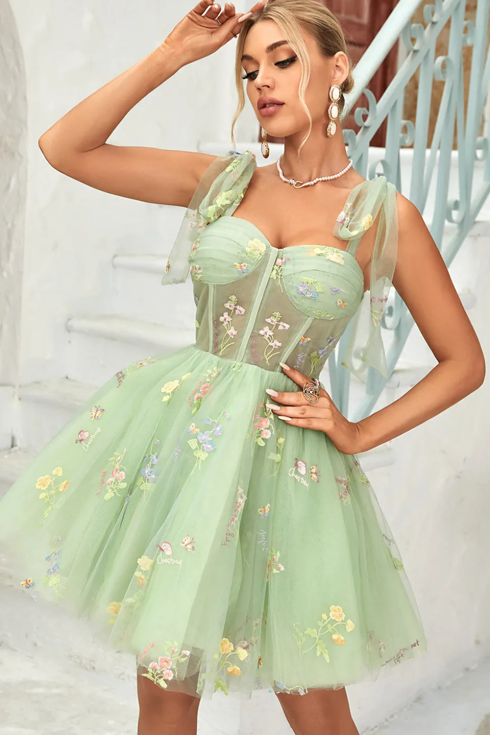 Bonito A Linha Esparguete Correias Cinzento Azul Vestido Curto Homecoming com Apliques