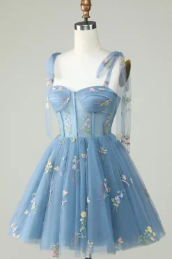 Bonito A Linha Esparguete Correias Cinzento Azul Vestido Curto Homecoming com Apliques