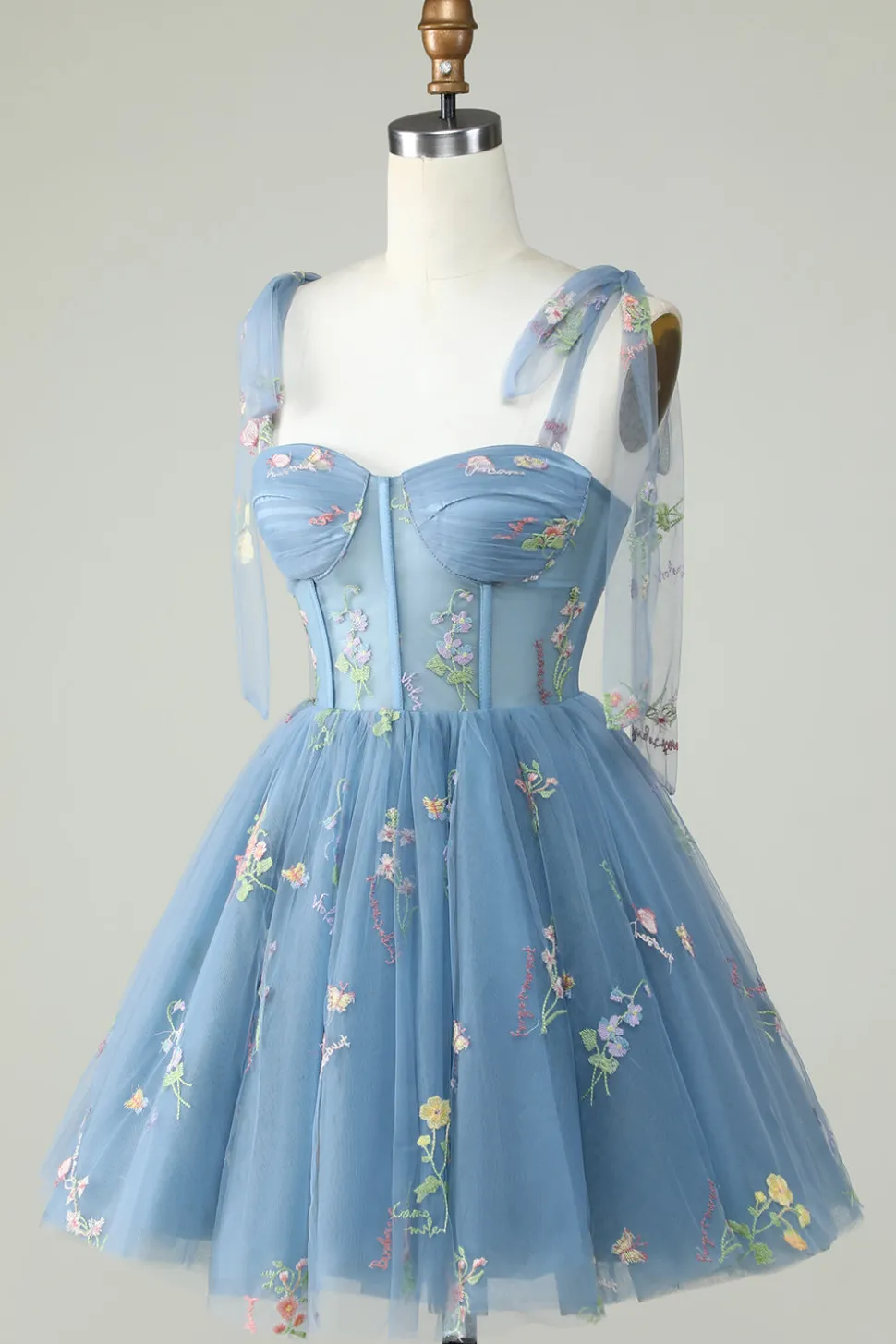 Bonito A Linha Esparguete Correias Cinzento Azul Vestido Curto Homecoming com Apliques