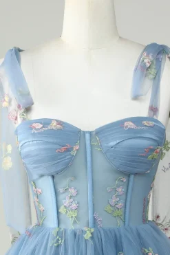 Bonito A Linha Esparguete Correias Cinzento Azul Vestido Curto Homecoming com Apliques