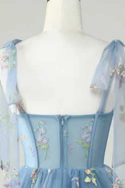 Bonito A Linha Esparguete Correias Cinzento Azul Vestido Curto Homecoming com Apliques