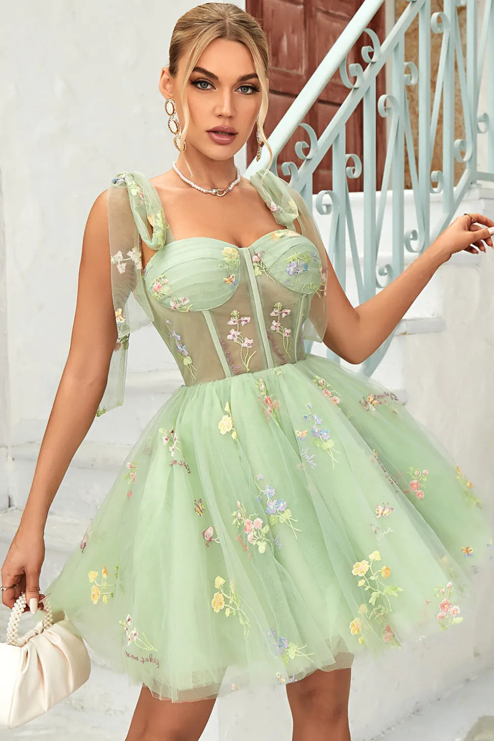 Bonito A Linha Esparguete Correias Cinzento Azul Vestido Curto Homecoming com Apliques