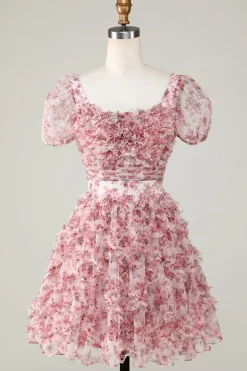 Bonito A Linha Floral Marfim Flor Vermelha Homecoming Dress com Folhos