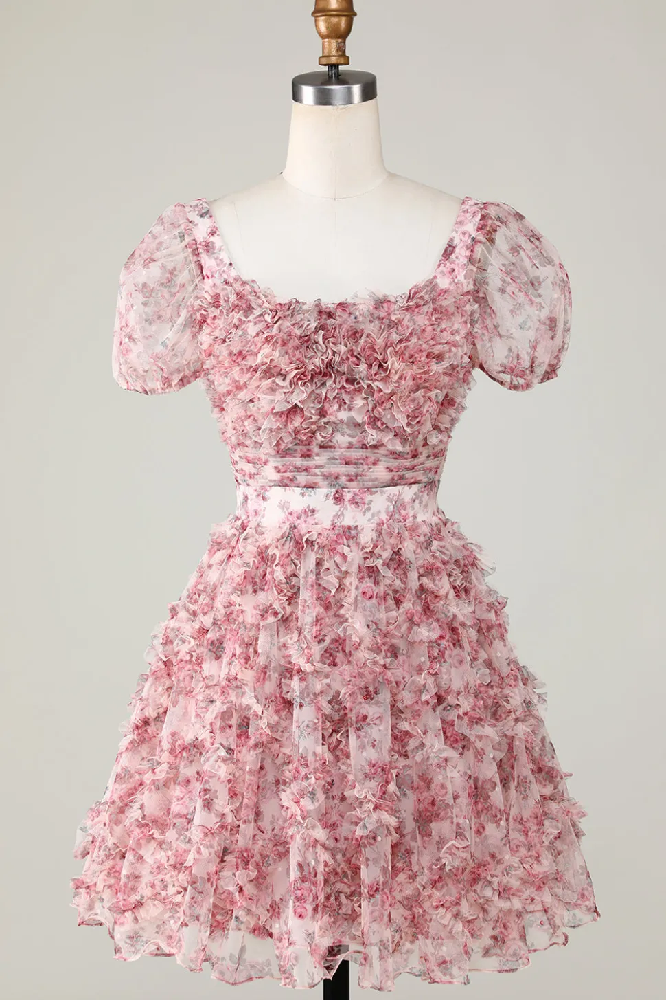 Bonito A Linha Floral Marfim Flor Vermelha Homecoming Dress com Folhos