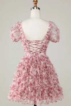 Bonito A Linha Floral Marfim Flor Vermelha Homecoming Dress com Folhos