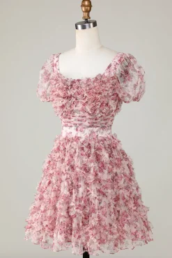 Bonito A Linha Floral Marfim Flor Vermelha Homecoming Dress com Folhos