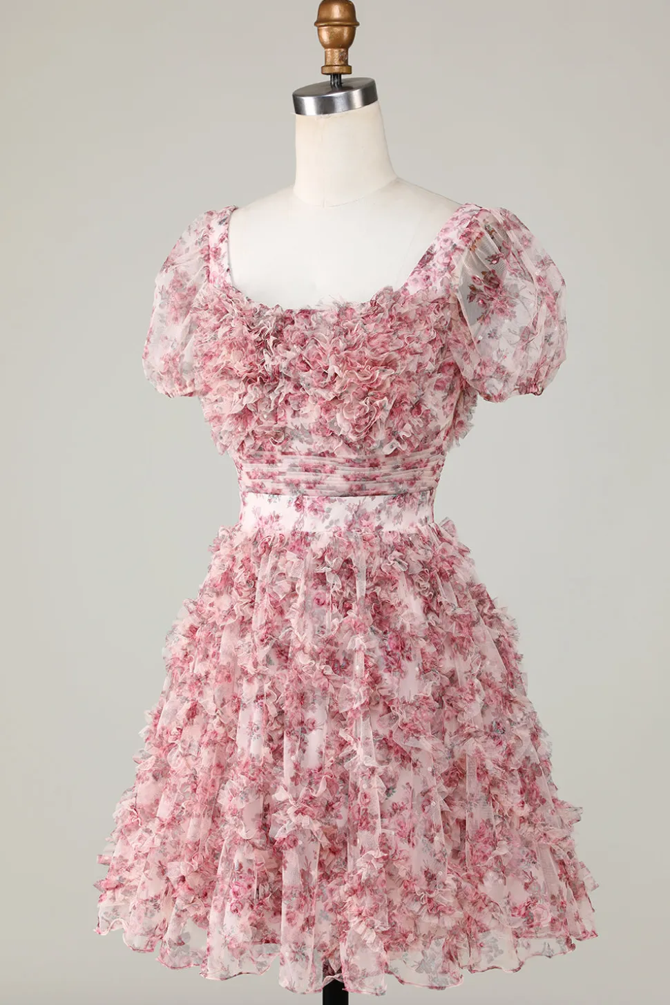Bonito A Linha Floral Marfim Flor Vermelha Homecoming Dress com Folhos
