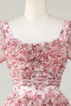 Bonito A Linha Floral Marfim Flor Vermelha Homecoming Dress com Folhos