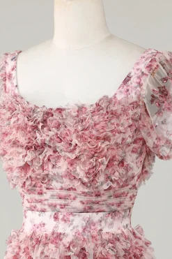 Bonito A Linha Floral Marfim Flor Vermelha Homecoming Dress com Folhos