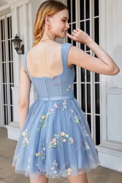 Bonito A Linha Querida Cinzento Azul Vestido Curto Homecoming com Bordado