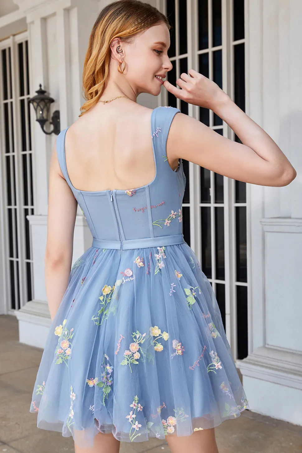 Bonito A Linha Querida Cinzento Azul Vestido Curto Homecoming com Bordado