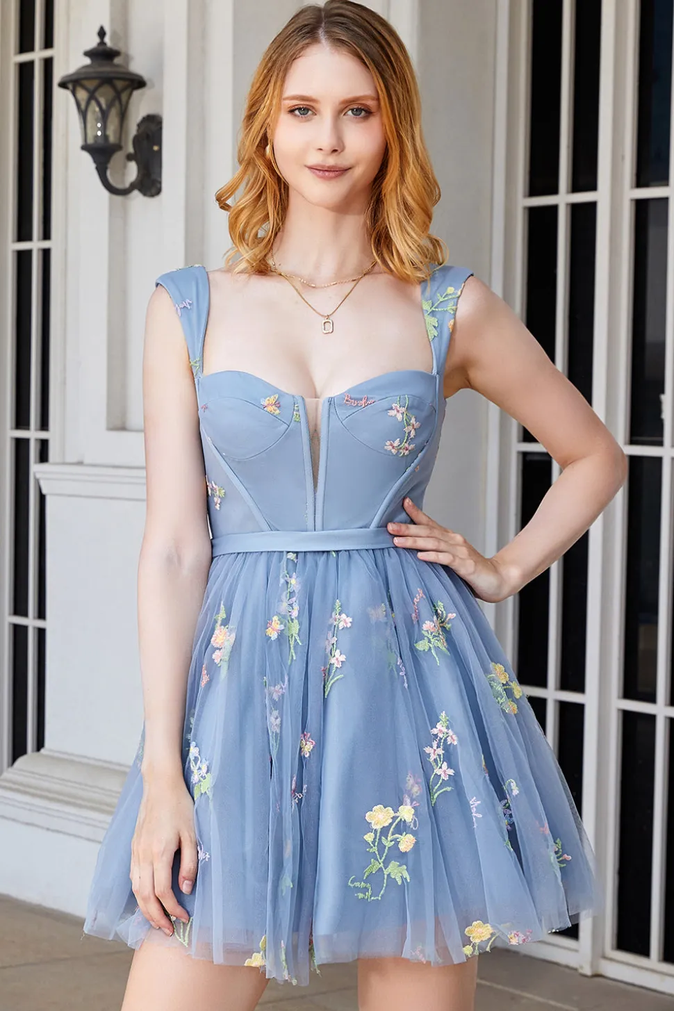 Bonito A Linha Querida Cinzento Azul Vestido Curto Homecoming com Bordado