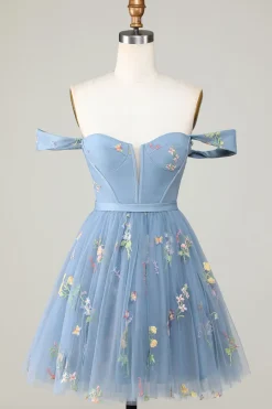 Bonito A Linha Querida Cinzento Azul Vestido Curto Homecoming com Bordado