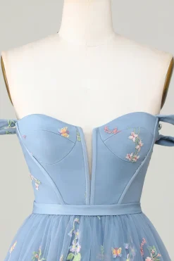 Bonito A Linha Querida Cinzento Azul Vestido Curto Homecoming com Bordado