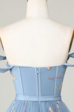 Bonito A Linha Querida Cinzento Azul Vestido Curto Homecoming com Bordado