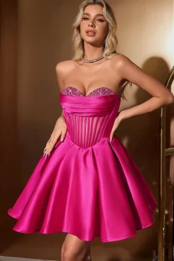 Bonito A Linha Querida Corset Fuchsia Homecoming Vestido com Missangas