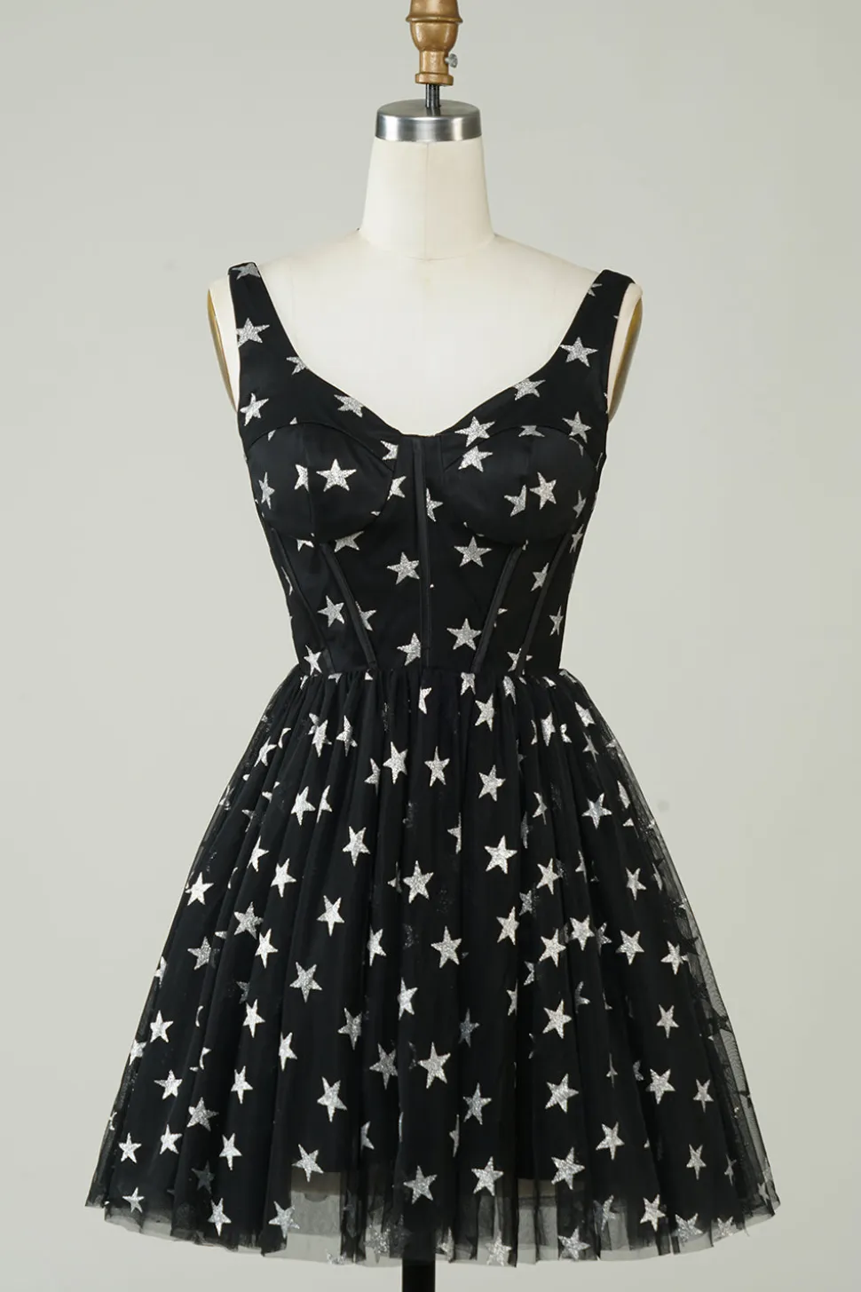 Bonito A Linha V Pescoço Preto Tule Vestido Curto Homecoming com Estrelas