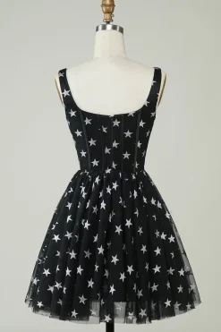Bonito A Linha V Pescoço Preto Tule Vestido Curto Homecoming com Estrelas