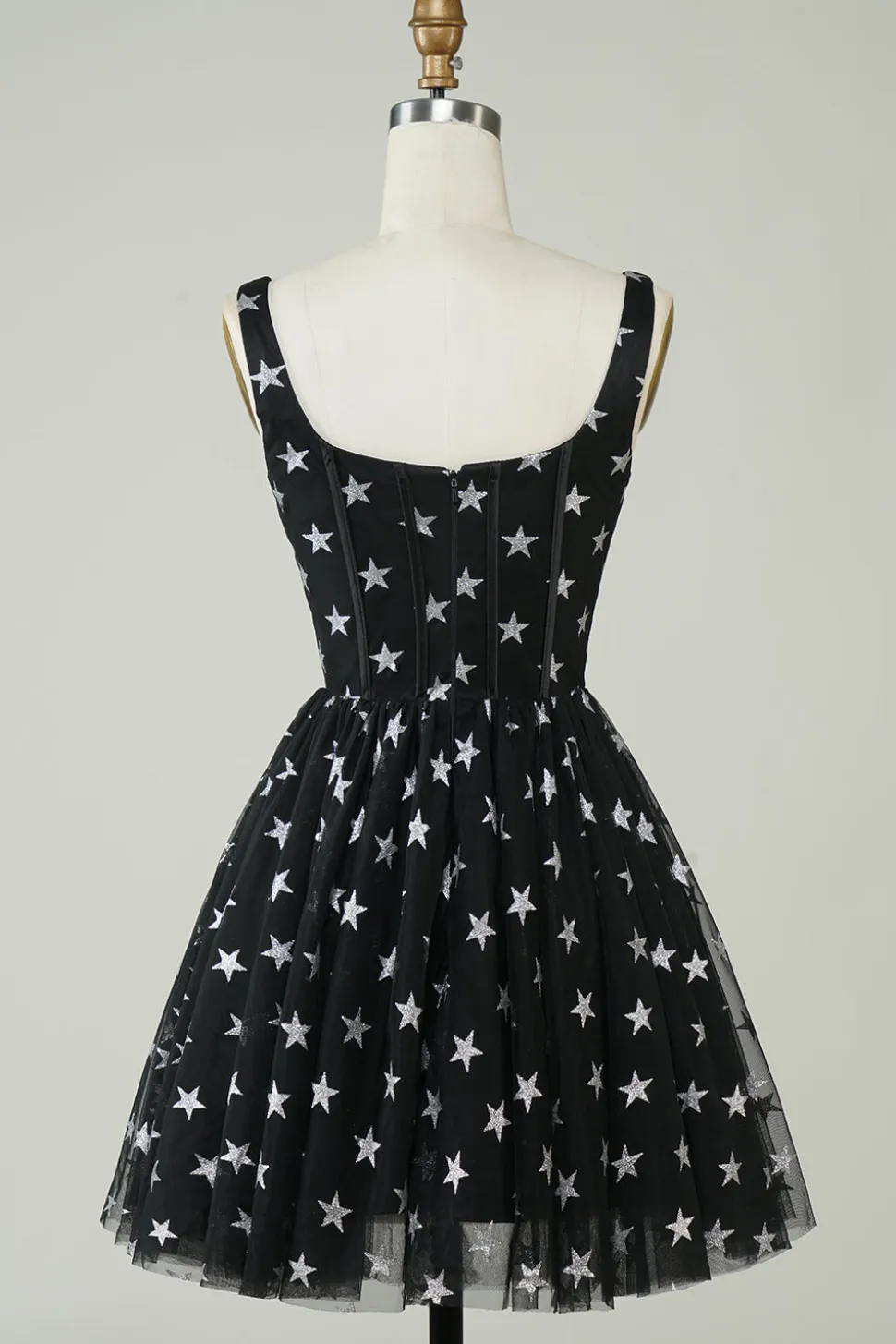 Bonito A Linha V Pescoço Preto Tule Vestido Curto Homecoming com Estrelas