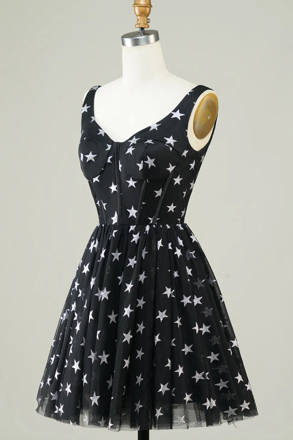 Bonito A Linha V Pescoço Preto Tule Vestido Curto Homecoming com Estrelas