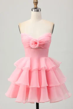 Bonito A-line Strapless Cut out Tiered Verde Vestido Curto Homecoming