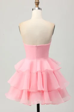 Bonito A-line Strapless Cut out Tiered Verde Vestido Curto Homecoming
