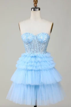 Bonito A-Line Sweetheart Blue Corset Short Homecoming Dress com babados