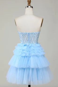 Bonito A-Line Sweetheart Blue Corset Short Homecoming Dress com babados