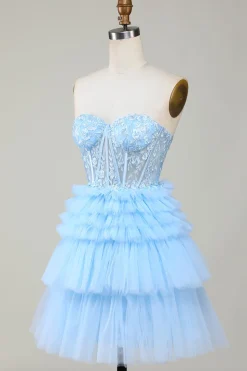 Bonito A-Line Sweetheart Blue Corset Short Homecoming Dress com babados