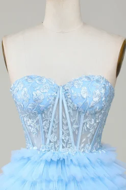 Bonito A-Line Sweetheart Blue Corset Short Homecoming Dress com babados