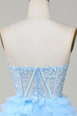 Bonito A-Line Sweetheart Blue Corset Short Homecoming Dress com babados