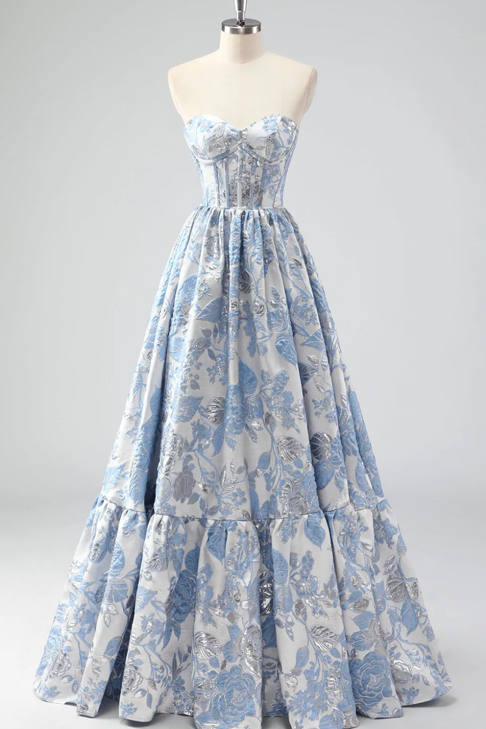 Bonito azul A-Line querida Brocade Corset Long Prom Dress