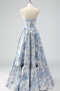 Bonito azul A-Line querida Brocade Corset Long Prom Dress
