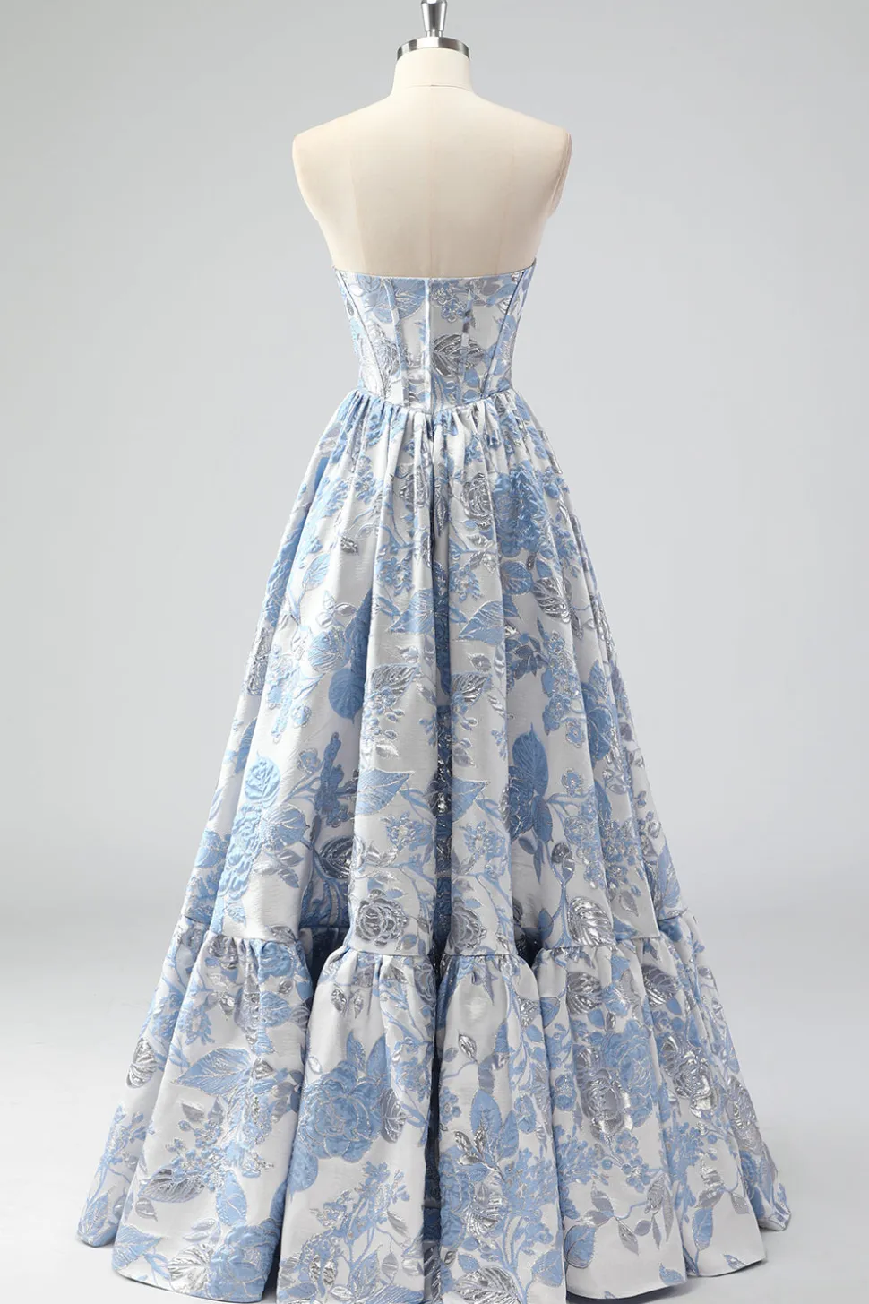 Bonito azul A-Line querida Brocade Corset Long Prom Dress