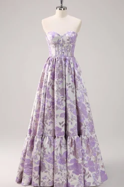 Bonito azul A-Line querida Brocade Corset Long Prom Dress