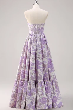 Bonito azul A-Line querida Brocade Corset Long Prom Dress