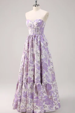 Bonito azul A-Line querida Brocade Corset Long Prom Dress